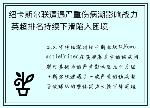 纽卡斯尔联遭遇严重伤病潮影响战力 英超排名持续下滑陷入困境